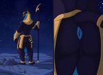  anthro anubian_jackal anubis anus big_butt blue_anus blue_eyes bottomwear butt canid canine canis close-up clothing deity desert detailed_background digital_media_(artwork) egyptian egyptian_clothing egyptian_headdress egyptian_mythology gold_(metal) gold_jewelry hi_res jackal jewelry loincloth looming macro male mammal middle_eastern_mythology mythology night presenting presenting_anus pyramid raised_tail rear_view sillywerwolf solo staff standing star tail 