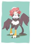  1girl animal_ears big_o_pants bird_ears bird_legs bird_tail black_feathers black_wings blush_stickers breasts commentary_request feather_fingers feathers fio-chan_(big_o_pants) green_background hair_between_eyes harpy highres large_breasts long_hair looking_at_viewer maid maid_headdress monster_girl original red_eyes red_hair smile solo tail talons twintails winged_arms wings 