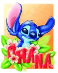  2018 ajvengeant alien blue_eyes blue_fur blue_nose border chest_tuft disney experiment_(species) flower fluffy fur head_tuft hi_res hibiscus lilo_and_stitch notched_ear orange_background plant signature simple_background smile smirk solo stitch tuft white_border 