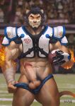  abs absurd_res alcander_(wakatanka4) american_football anthro arm_wraps balls beard biceps black_clothing black_hair black_underwear bottomwear chest_tuft clothed clothing erection facial_hair felid fire flaming_hair football_field football_pants football_player football_uniform fur genitals gloves hair handwear hi_res lion looking_down looking_down_at_genitalia looking_down_at_penis male mammal muscular muscular_anthro muscular_arms muscular_male obliques orange_body orange_fur pantherine pants partially_clothed penis pseudo_hair pubes pulling_pants_down red_eyes solo sport stadium surprised_expression text thebloodsouls tuft underwear underwear_down vein veiny_muscles veiny_penis wraps 