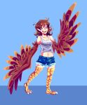  1girl artsyrobo bare_shoulders bird_legs blue_background breasts brown_feathers brown_hair brown_wings cleavage commentary crop_top denim denim_shorts english_commentary feathered_wings feathers full_body harpy highres long_hair midriff monster_girl navel open_mouth original pointy_ears red_eyes shorts small_breasts solo talons tank_top teeth upper_teeth_only white_tank_top winged_arms wings 