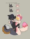  2021 anthro banoncat dialogue duo embrace eyes_closed french_kissing fur hair hi_res hug kissing male male/male meme multicolored_body multicolored_fur nude pink_hair raised_tail simple_background tail 