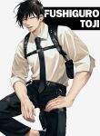  1boy absurdres belt black_belt black_hair black_necktie black_pants character_name chest_strap collared_shirt ear_piercing foot_out_of_frame fushiguro_touji green_eyes hair_between_eyes highres jujutsu_kaisen looking_at_viewer male_focus necktie open_mouth pants piercing scar scar_on_face scar_on_mouth shirt solo teeth tune_oekk white_background white_shirt 