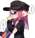  1girl black_hat cross from_side grey_eyes gun hat holding holding_gun holding_weapon inkling_girl inkling_player_character iron_cross long_hair mole mole_under_mouth parted_lips pointy_ears sahata_saba simple_background solo speech_bubble splat_charger_(splatoon) splatoon_(series) translation_request weapon white_background 