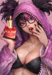  1girl anniversary bespectacled black_bra black_hair bra breasts cake candle cleavage commentary_request food glasses green_eyes han_juri heterochromia highres holding holding_cake holding_food large_breasts looking_at_viewer miche multicolored_hair nail_polish number_candle official_alternate_costume onesie open_mouth pajamas pink_eyes pink_hair pink_pajamas solo streaked_hair street_fighter street_fighter_6 underwear upper_body 