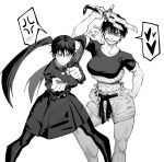  2girls abs absurdres anger_vein arm_up breasts buttons clenched_hands closed_mouth dingotoad english_commentary fighting_stance frown fushiguro_megumi fushiguro_touji genderswap genderswap_(mtf) hair_between_eyes hand_on_own_hip heart highres jacket jujutsu_kaisen large_breasts long_hair looking_at_viewer medium_skirt midriff monochrome mother_and_daughter multiple_girls muscular muscular_female pantyhose posing scar scar_on_face scar_on_mouth school_uniform short_hair shorts skirt smile smirk spoken_anger_vein spoken_blush spoken_heart standing sword thick_thighs thighs twintails very_short_hair weapon white_background worm 