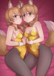  2girls absurdres alice_gear_aegis animal_ears black_pantyhose bow bowtie breasts brown_eyes feet_out_of_frame fox_ears fox_tail gold_leotard green_eyes highres holding_hands hutokumi kotomura_akane kotomura_amane long_hair looking_at_viewer low_twintails medium_breasts multiple_girls nontraditional_playboy_bunny pantyhose red_bow red_bowtie siblings sisters tail twins twintails 