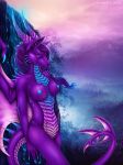  2018 5_fingers anthro blue_nipples breasts cool_colors day detailed_background digital_media_(artwork) dragon eyelashes female hair horn membranous_wings nipples nude outside purple_eyes purple_hair selianth sky smile solo spines wings 