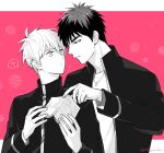  2boys ? black_jacket chain chain_necklace chirol22 greyscale_with_colored_background jacket jewelry kagami_taiga kuroko_no_basuke kuroko_tetsuya letterboxed long_sleeves male_focus multiple_boys necklace open_clothes open_jacket parted_lips pink_background shirt spoken_question_mark sweatdrop teeth twitter_username upper_body 