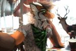 cafe cervine claws deer dragon eastern_dragon fangs fluffy green_eyes horn justdrox looking_at_viewer male mall mammal neck_tuft scarf selfie solo tuft twistedhound 