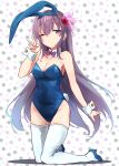  1girl alternate_costume animal_ears blue_leotard bow bowtie breasts detached_collar fake_animal_ears hair_ornament highres kantai_collection kisaragi_(kancolle) leotard long_hair looking_at_viewer medium_breasts minosu one_eye_closed playboy_bunny purple_bow purple_bowtie purple_eyes purple_hair rabbit_ears rabbit_tail solo strapless strapless_leotard tail thighhighs v white_background white_thighhighs wrist_cuffs 