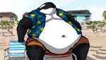  2021 aloha_shirt anthro beach beach_chair belly belly_overhang big_belly black_body bottomwear cetacean clothed clothing comerboy75 dolphin hand_on_belly hi_res looking_at_viewer male mammal marine moobs navel obese obese_anthro obese_male oceanic_dolphin open_clothing open_shirt open_topwear orca oswald_(comerboy75) overweight overweight_anthro overweight_male pattern_clothing pattern_shirt pattern_topwear shirt shorts sitting solo toothed_whale topwear 