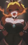  1girl absurdres bare_shoulders black_background bowsette bracelet breasts breath_weapon breathing_fire choker cleavage collarbone fire highres horns jewelry ka_doku large_breasts long_hair looking_at_viewer mario_(series) pointy_ears sharp_teeth simple_background solo spiked_bracelet spiked_choker spikes super_crown teeth 