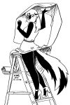  2024 anthro black_and_white breasts clothed clothing dress ear_piercing ear_ring female fluffy fluffy_tail fur hair hi_res kelly_o&#039;dor ladder looking_at_viewer looking_back looking_back_at_viewer mammal mephitid monochrome piercing ring_piercing skunk solo tail tegerio whiskers zandar&#039;s_saga 