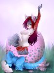  2018 5_fingers adorableinall anthro breasts canine eyes_closed female fur hair mammal nipples nitricacid red_hair simple_background solo striped_fur stripes 