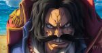  1boy 2021 artist_name bead_necklace beads black_hair clenched_teeth cloud cloudy_sky commentary dragon--anime english_commentary epaulettes facial_hair gol_d._roger grin highres jewelry looking_at_viewer male_focus mustache necklace one_piece outdoors short_hair sky smile solo teeth 