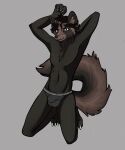  2021 anthro banoncat blue_eyes canid canine claws clothed clothing hand_above_head hand_behind_head hi_res kneeling looking_at_viewer male mammal navel presenting_crotch raccoon_dog raised_tail sheath_bulge smile solo spread_knees tail tanuki toe_claws underwear underwear_only 