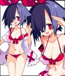  1girl absurdres ball beachball bikini bow breasts cleavage commentary disgaea front-tie_top hair_over_one_eye hair_ribbon highres letterboxed looking_at_viewer multiple_views nanozenzen navel pleinair pointy_ears purple_hair red_bikini red_bow red_eyes red_ribbon ribbon short_hair smile swimsuit v 