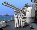  2023 anthro artillery banoncat belt clothing deck_(disambiguation) duo elbow_on_shoulder footwear hi_res looking_aside looking_at_viewer navy necktie railing ranged_weapon sailor_hat sailor_uniform sea ship shoes sky vehicle water watercraft weapon 