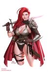  1girl armor artist_name bikini_armor blue_eyes breasts brown_gloves cape cleavage earrings gloves hand_on_own_hip highres holding holding_sword holding_weapon in-hyuk_lee instagram_logo instagram_username jewelry large_breasts long_hair looking_at_viewer over_shoulder pauldrons red_cape red_hair red_sonja red_sonja_(comics) shoulder_armor signature simple_background single_pauldron solo sword weapon weapon_over_shoulder web_address white_background 