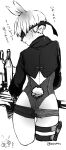  1boy 9s_(nier:automata) animal_ears ass backless_leotard bottle cameltoe clothing_cutout commentary_request cropped_jacket crossdressing cuntboy from_behind greyscale highres leotard male_focus male_playboy_bunny monochrome nier:automata nier_(series) otoko_no_ko profile rabbit_boy rabbit_ears rabbit_tail revealing_clothes shiny_clothes short_hair short_shorts shorts skindentation smile solo standing sweatdrop tail tarakoutibiru thigh_gap thigh_strap translation_request twitter_username white_background white_hair 