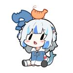  ? absurdres between_legs blue_hair blue_hoodie blunt_bangs blush_stickers chibi chibi_only commentary creature_on_head ebi-chan_(gawr_gura) full_body gawr_gura gawr_gura_(1st_costume) grey_hair hair_ornament hand_between_legs highres hololive hololive_english hood hood_down hoodie invisible_floor long_hair long_sleeves multicolored_hair no_pants on_floor shark_hair_ornament shoes simple_background sitting sleeves_past_wrists sneakers snowmya streaked_hair symbol-only_commentary two_side_up v_arms virtual_youtuber white_background white_footwear wide_sleeves |_| 