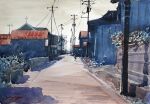  1other building day nara_watercolor no_humans original painting_(medium) power_lines scenery shadow sunlight town traditional_media utility_pole watercolor_(medium) 