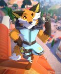  absurd_res anthro artist_name bottomwear brown_clothing brown_gloves brown_handwear canid canine clothed clothing detailed_background digital_media_(artwork) dipstick_tail epic_games fennix_(fortnite) fortnite fox fox_tail fur game_background gloves hand_on_hip handwear hi_res jumpsuit knee_pads leo-wolf male mammal markings on_one_leg orange_body orange_eyes orange_fur outside red_fox smile solo standing tail tail_markings topwear true_fox yellow_sclera 