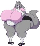  2024 alternate_species anthro belly big_belly big_breasts black_bottomwear black_clothing black_footwear black_sandals black_shorts bottomwear breasts canid canine canis clothed clothed_anthro clothed_female clothing dewwydarts female footwear fur grey_body grey_fur grey_hair hair hi_res huge_breasts huge_thighs hyper hyper_breasts long_hair looking_at_viewer mammal may_(dewwydarts) navel overweight overweight_anthro overweight_female pink_clothing pink_shirt pink_topwear purple_eyes sandals shirt shorts simple_background solo standing tail thick_thighs topwear white_background wide_hips wolf 