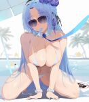  1girl absurdres all_fours alsace_(azur_lane) alsace_(heat_beating_summer_sacrament)_(azur_lane) azur_lane bikini black-tinted_eyewear blue_eyes blue_hair blue_necktie breasts cleavage food food_in_mouth highres kass_(2307603199) large_breasts long_hair looking_at_viewer navel necktie necktie_grab neckwear_grab official_alternate_costume popsicle popsicle_in_mouth pov swimsuit very_long_hair white_bikini 