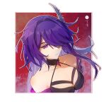  1girl acheron_(honkai:_star_rail) armor bare_shoulders black_choker breasts choker ciyanweiqing cleavage commentary_request criss-cross_halter cropped_shirt cropped_shoulders hair_intakes hair_ornament hair_over_one_eye halterneck highres honkai:_star_rail honkai_(series) large_breasts long_hair looking_at_viewer purple_eyes purple_hair red_background shoulder_armor simple_background solo twitter_username two-tone_background white_background 