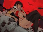  1girl armlet artist_name ass bat_(animal) black_hair black_thighhighs breasts covered_nipples crossed_legs earrings emmanuel_viola gold_armlet gold_bracelet green_eyes halloween jewelry large_breasts long_hair looking_at_viewer moon navel night one-piece_swimsuit outdoors red_lips red_moon red_one-piece_swimsuit sideboob signature sitting skull solo swimsuit thighhighs vampire vampirella vampirella_(character) 