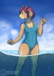  5_fingers 6eyesandhooves anthro blue_clothing blue_sky blue_swimwear bovid breasts brown_body brown_fur bubble caprine clothing cloud diana_(on_your_tail) ear_piercing ear_ring female fingers fur goat hair horn looking_away mammal on_your_tail piercing red_hair ring_piercing sea sky smile solo swimwear water 