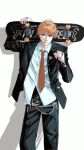  1boy bleach brown_eyes closed_mouth collared_jacket collared_shirt copyright_name earrings hand_up highres holding holding_skateboard jacket jewelry kurosaki_ichigo lip_ring long_sleeves male_focus multiple_earrings necktie open_clothes open_jacket orange_hair red_necktie ring shadow shirt skateboard solo spiked_hair suit untucked_shirt whiowl white_shirt 