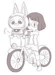  1girl animal_ears bicycle fake_animal_ears glasses helmet misora_inaho monochrome nollety rabbit_ears short_hair simple_background spacesuit usapyon watch white_background wristwatch youkai_(youkai_watch) youkai_watch youkai_watch_(object) 