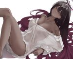  1girl ass barefoot black_hair blue_archive blush breasts cleavage collarbone commentary covered_nipples dark-skinned_female dark_skin fingernails halo highres karin_(blue_archive) large_breasts long_hair long_sleeves looking_at_viewer parted_lips purple_halo renge_(730) see-through see-through_shirt shirt simple_background solo symbol-only_commentary thighs white_background white_shirt yellow_eyes 