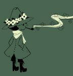  1boy boots coat cross-laced_footwear from_side full_body green_theme hands_in_pockets hat head_wreath lace-up_boots male_focus monochrome moomin nonana_(mikudrop) pointy_nose scarf short_hair simple_background smoking smoking_pipe snufkin solo standing 