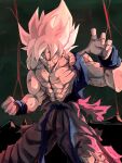  abs blonde_hair blood blood_from_mouth blue_wristband clenched_hand cowboy_shot dragon_ball dragon_ball_z highres injury male_focus muscular muscular_male orange_pants pants pato007711 red_eyes son_goku super_saiyan super_saiyan_1 thunder topless torn_clothes torn_pants 