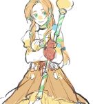  1girl aerith_gainsborough aerith_gainsborough_(garnet's_gown) black_choker braid braided_ponytail breasts brown_hair choker closed_mouth cosplay crystal dress final_fantasy final_fantasy_ix final_fantasy_vii final_fantasy_vii_ever_crisis garnet_til_alexandros_xvii garnet_til_alexandros_xvii_(cosplay) genpai39 gloves green_eyes hair_ribbon high-low_skirt highres holding holding_staff jewelry juliet_sleeves long_dress long_hair long_sleeves medium_breasts official_alternate_costume orange_dress parted_bangs pendant puffy_long_sleeves puffy_sleeves red_gloves ribbon shirt shirt_under_dress sidelocks single_braid sketch smile solo staff upper_body wavy_hair white_background white_shirt 