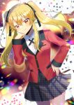  &gt;:) 1girl black_bow blonde_hair blurry blurry_background bow brown_eyes card closed_mouth club_(shape) collared_shirt commentary_request commission depth_of_field diamond_(shape) dress_shirt grey_skirt hair_between_eyes hair_bow hand_on_own_hip heart houndstooth jacket kakegurui kou_hiyoyo long_hair long_sleeves looking_at_viewer playing_card pleated_skirt print_skirt red_jacket saotome_mary school_uniform shirt skeb_commission skirt sleeves_past_wrists smile solo spade_(shape) twintails v-shaped_eyebrows white_shirt 