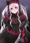  black_dress breasts dress fang_out frilled_dress frills gothic_lolita hairband hands_on_hips highres large_breasts lolita_fashion lolita_hairband long_hair looking_at_viewer nail_polish overlord_(maruyama) purple_nails shalltear_bloodfallen smile solo torieto twintails very_long_hair 