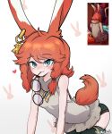  1girl ahoge animal_ears aurora_(league_of_legends) blue_eyes blush cowboy_shot earrings eyewear_in_mouth freckles glasses hair_between_eyes heart highres jewelry league_of_legends long_hair looking_at_viewer matlink mouth_hold orange_hair rabbit_ears rabbit_girl rabbit_tail round_eyewear sidelocks sleeveless smile solo sweatdrop tail 