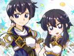  1boy 1girl armor belt black_hair blush breastplate brother_and_sister cowlick fire_emblem fire_emblem:_genealogy_of_the_holy_war larcei_(fire_emblem) looking_at_viewer purple_eyes purple_tunic sakusaku7r scathach_(fire_emblem) shoulder_armor siblings sidelocks smile star_(symbol) tomboy tunic twins 