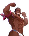  1boy abs absurdres armband armpits artist_name bara beard bracelet bulge buzz_cut dark_skin double_biceps_pose facial_hair flexing highres jewelry looking_at_viewer male_focus male_swimwear manly mature_male murdock_(pokemon) muscular muscular_male nipples pectorals pokemon pokemon_(anime) pokemon_horizons posing short_hair signature simple_background smirk solo swim_briefs teeth thick_arms upper_body very_short_hair white_background yorumaell 