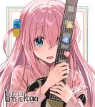  1girl absurdres blue_eyes blush bocchi_the_rock! commentary_request copyright_name cube_hair_ornament electric_guitar gibson_les_paul gotoh_hitori guitar hair_between_eyes hair_ornament highres holding holding_instrument ijichi_nijika instrument jacket kita_ikuyo long_sleeves looking_at_viewer one_side_up open_mouth second-party_source shirabi signature solo track_jacket upper_body yamada_ryo 