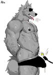  absurd_res anthro arun_six blindfold bodily_fluids bulge canid canine canis clothing detailed_bulge genital_fluids genital_outline hi_res male mammal muscular muscular_anthro muscular_male nipples pecs penis_outline simple_background solo tongue tongue_out underwear wolf 