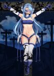  1girl armpits arms_up bandeau bare_shoulders bit_gag blue_eyes blue_footwear blue_gloves blue_hair blue_hairband boots christa_ellianna_fluica crucifixion elbow_gloves full_body gag gagged gloves groin hairband highres long_hair looking_at_viewer navel one_eye_closed original solo stomach strapless thighhighs thighs tube_top very_long_hair white_thighhighs yasume_yukito 