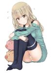  1girl animal_tower aqua_sweater black_thighhighs blonde_hair blush boar bra_strap breast_press breasts closed_mouth commentary_request dress flying_sweatdrops full_body knees_to_chest large_breasts long_hair long_sleeves miyubi_shigi original panties pantyshot simple_background sports_bra striped_clothes striped_panties sweater sweater_dress thighhighs underwear white_background yellow_eyes 