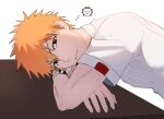  1boy arm_support bleach blush_stickers brown_eyes commentary_request crossed_arms from_side gwao_(_ul_13) highres kon_(bleach) korean_commentary kurosaki_ichigo looking_at_viewer male_focus nose orange_hair parted_lips school_uniform shirt short_hair short_sleeves simple_background smile solo spiked_hair tsurime upper_body v-shaped_eyebrows watch white_background white_shirt wristwatch 