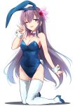  1girl alternate_costume animal_ears blue_leotard bow bowtie breasts detached_collar fake_animal_ears hair_ornament highres kantai_collection kisaragi_(kancolle) leotard long_hair looking_at_viewer medium_breasts minosu one_eye_closed open_mouth playboy_bunny purple_bow purple_bowtie purple_eyes purple_hair rabbit_ears rabbit_tail simple_background solo strapless strapless_leotard tail thighhighs v white_background white_thighhighs wrist_cuffs 